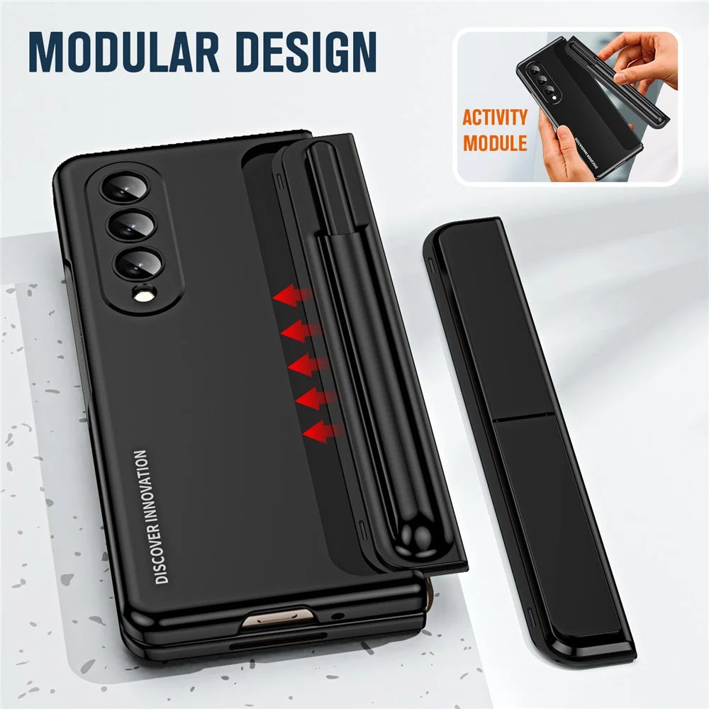 For Samsung Galaxy Z Fold4 5G Hinge Protection Kickstand Phone Case Hard PC Drop Proof Shell with Tempered Glass Screen Film - Black - 5