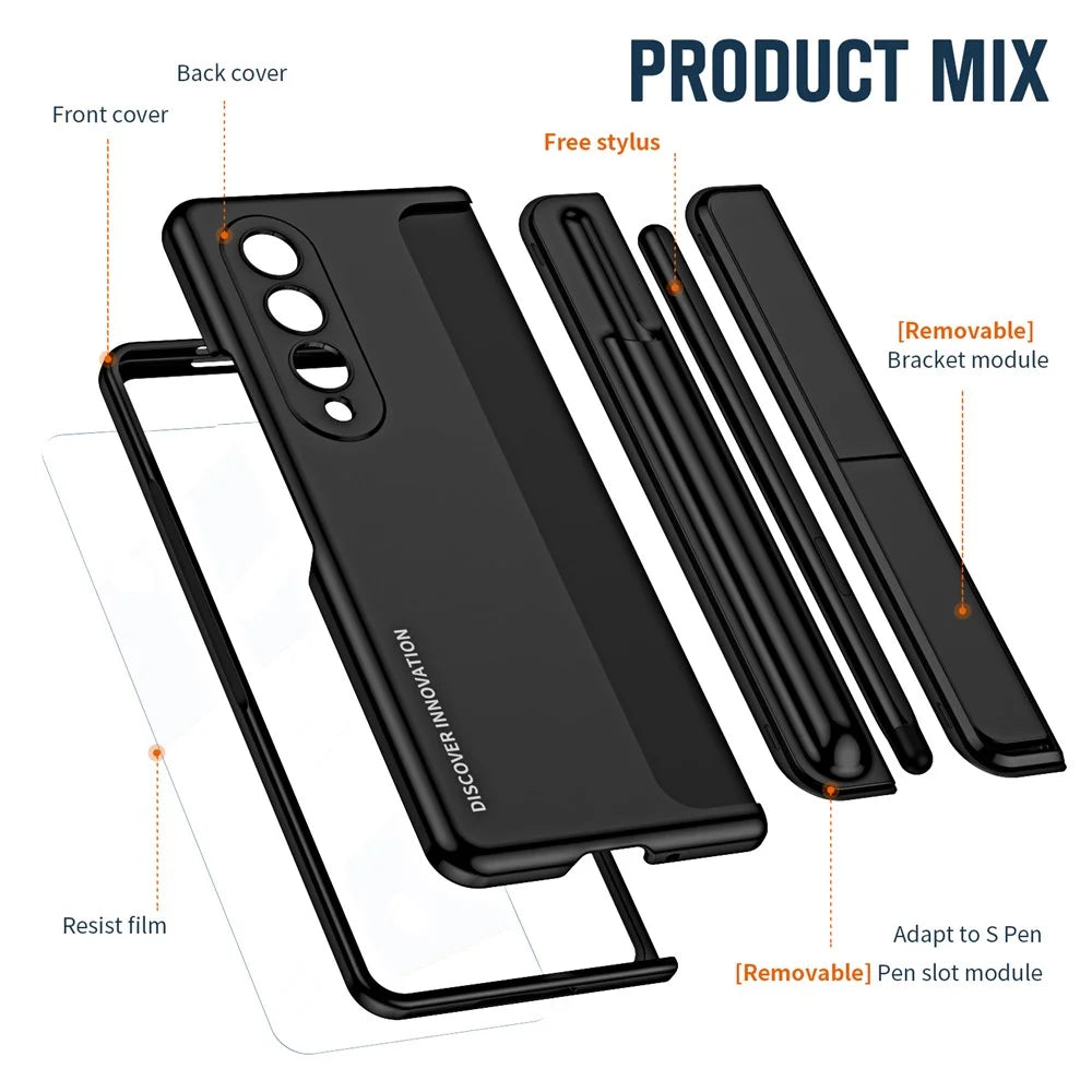 For Samsung Galaxy Z Fold4 5G Hinge Protection Kickstand Phone Case Hard PC Drop Proof Shell with Tempered Glass Screen Film - Black - 6