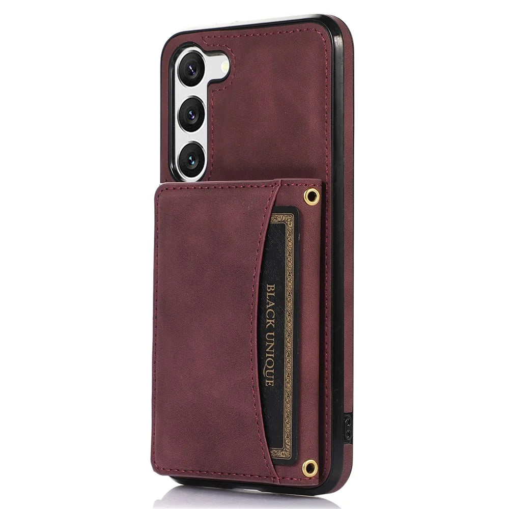 For Samsung Galaxy S23+ PU Leather Coated TPU Case Tri-fold Wallet Kickstand Protective Phone Cover - Wine Red - 1