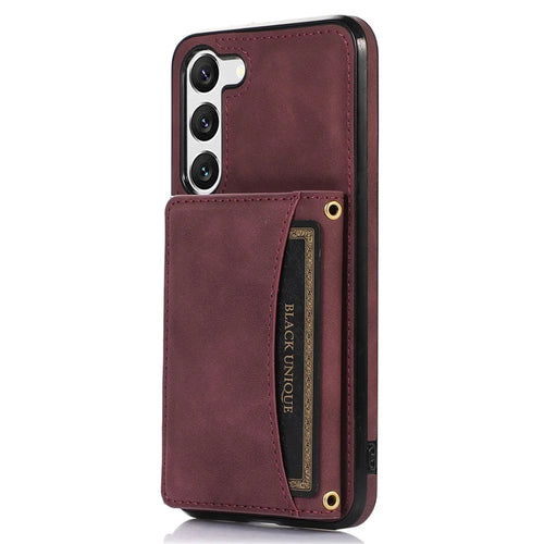 For Samsung Galaxy S23+ PU Leather Coated TPU Case Tri-fold Wallet Kickstand Protective Phone Cover - Wine Red - 1