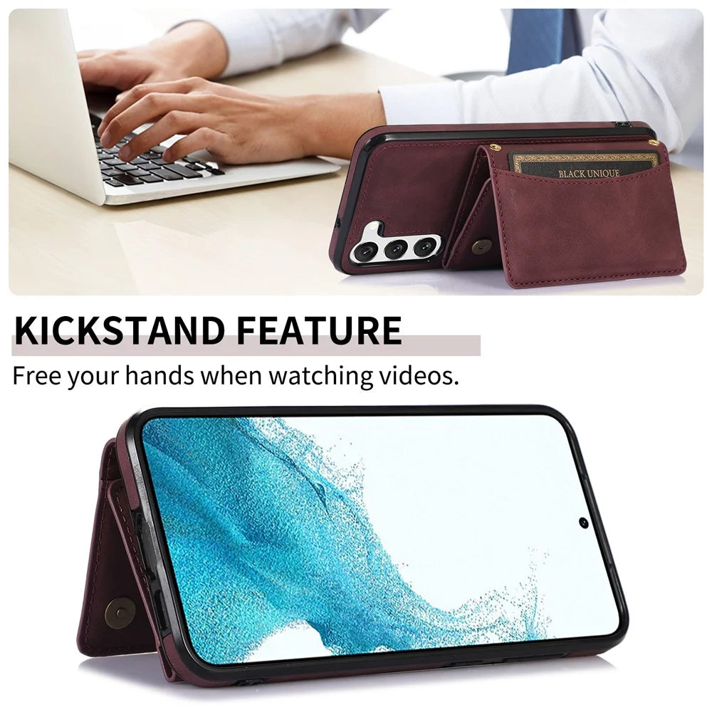 For Samsung Galaxy S23+ PU Leather Coated TPU Case Tri-fold Wallet Kickstand Protective Phone Cover - Wine Red - 4