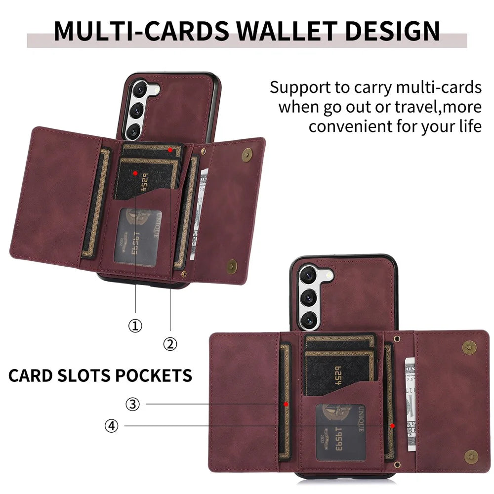 For Samsung Galaxy S23+ PU Leather Coated TPU Case Tri-fold Wallet Kickstand Protective Phone Cover - Wine Red - 5