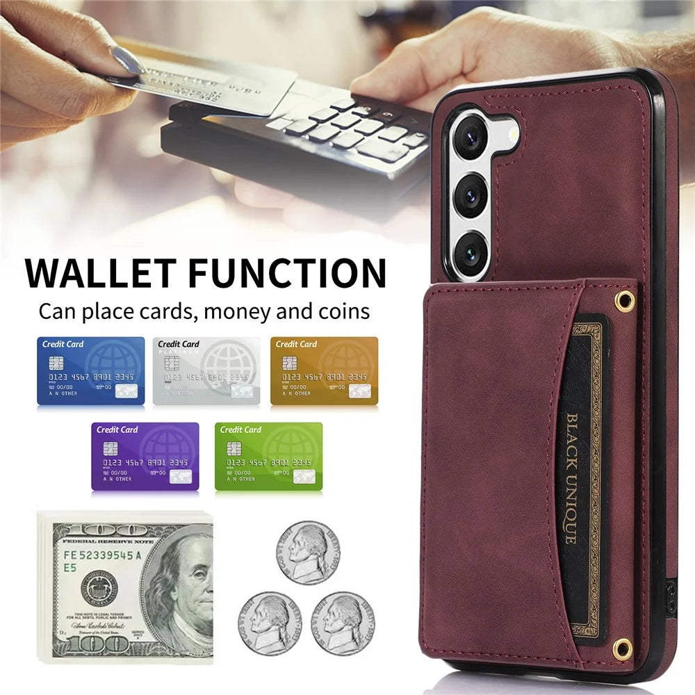 For Samsung Galaxy S23+ PU Leather Coated TPU Case Tri-fold Wallet Kickstand Protective Phone Cover - Wine Red - 7