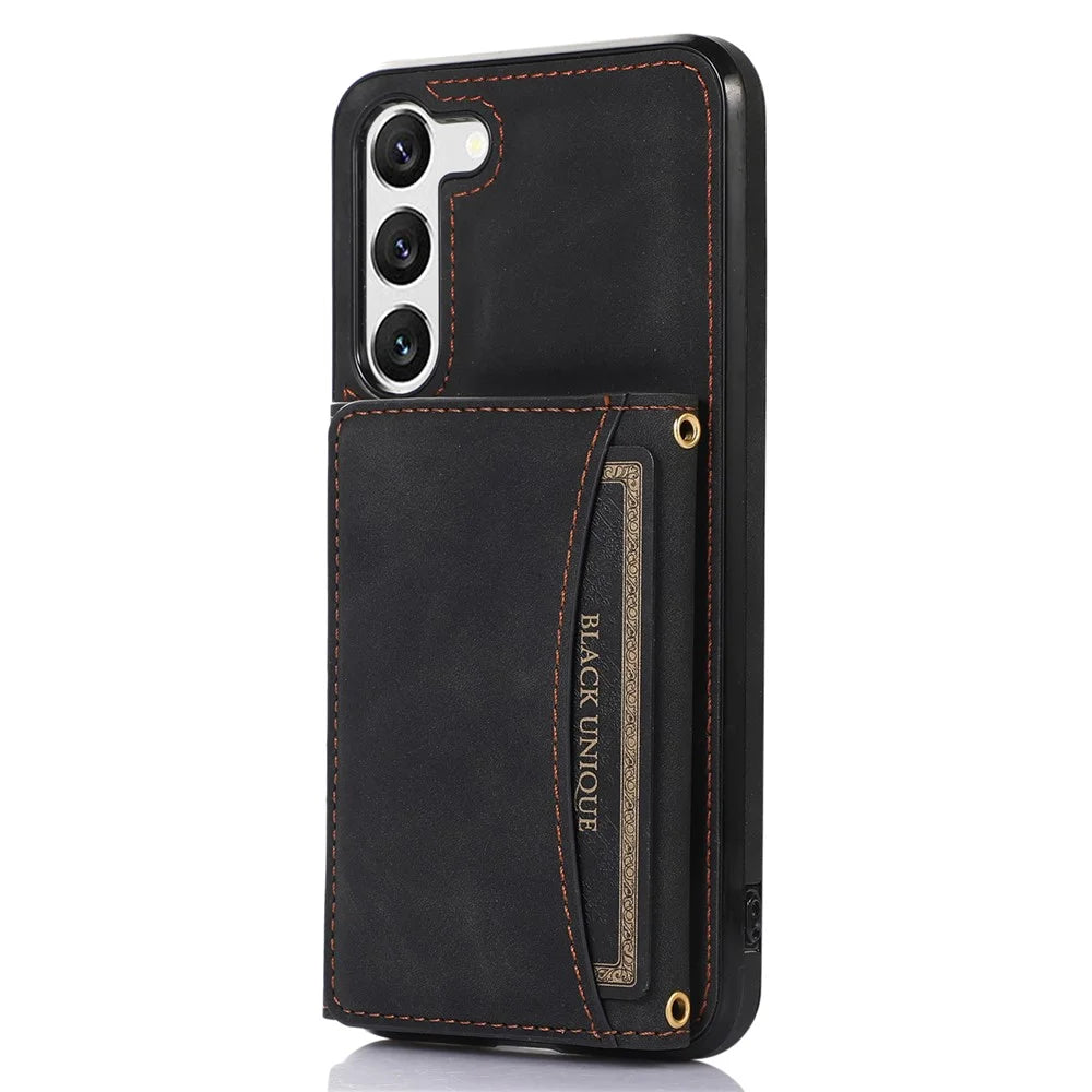 Tri-fold Wallet Leather Coated TPU Case for Samsung Galaxy S23, Kickstand Anti-scratch Protective Phone Cover - Black - 1