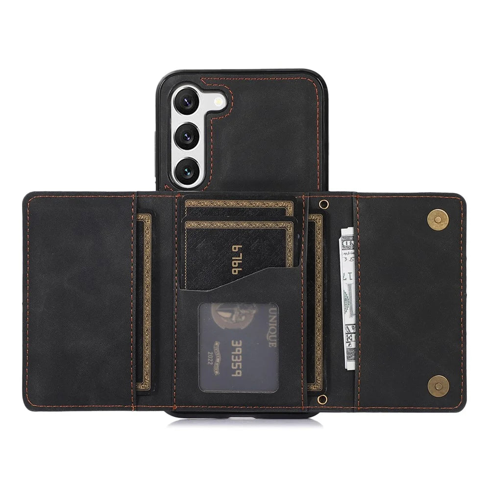 Tri-fold Wallet Leather Coated TPU Case for Samsung Galaxy S23, Kickstand Anti-scratch Protective Phone Cover - Black - 2