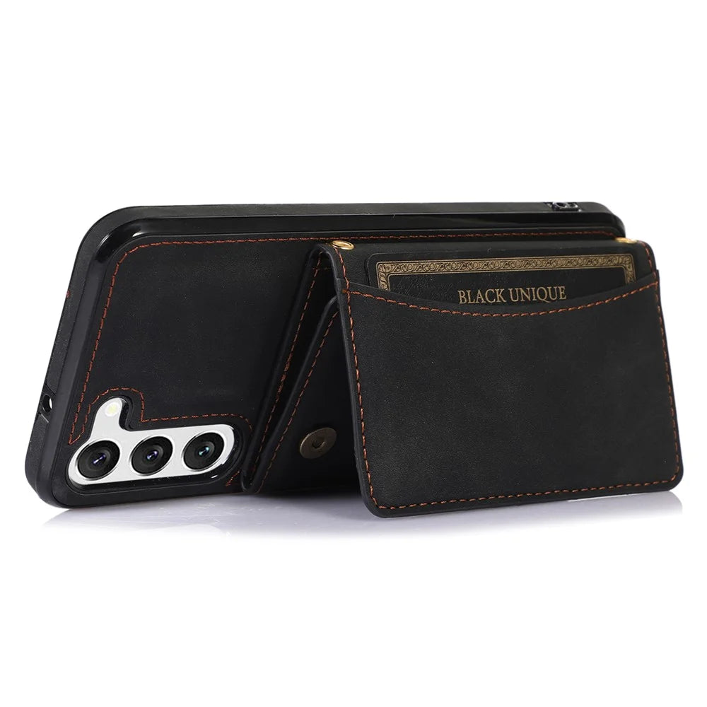 Tri-fold Wallet Leather Coated TPU Case for Samsung Galaxy S23, Kickstand Anti-scratch Protective Phone Cover - Black - 3