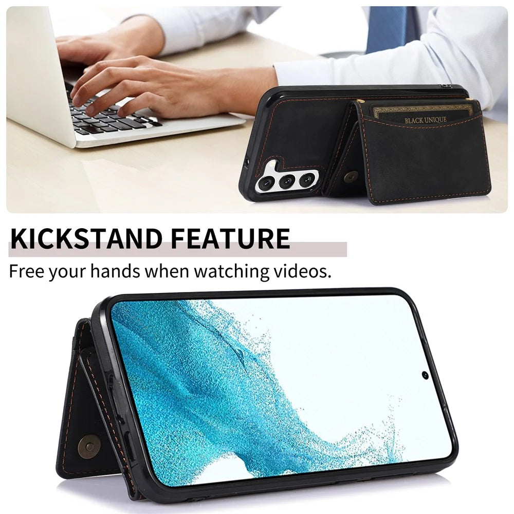 Tri-fold Wallet Leather Coated TPU Case for Samsung Galaxy S23, Kickstand Anti-scratch Protective Phone Cover - Black - 4
