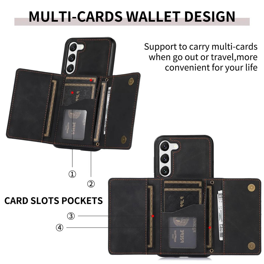 Tri-fold Wallet Leather Coated TPU Case for Samsung Galaxy S23, Kickstand Anti-scratch Protective Phone Cover - Black - 5