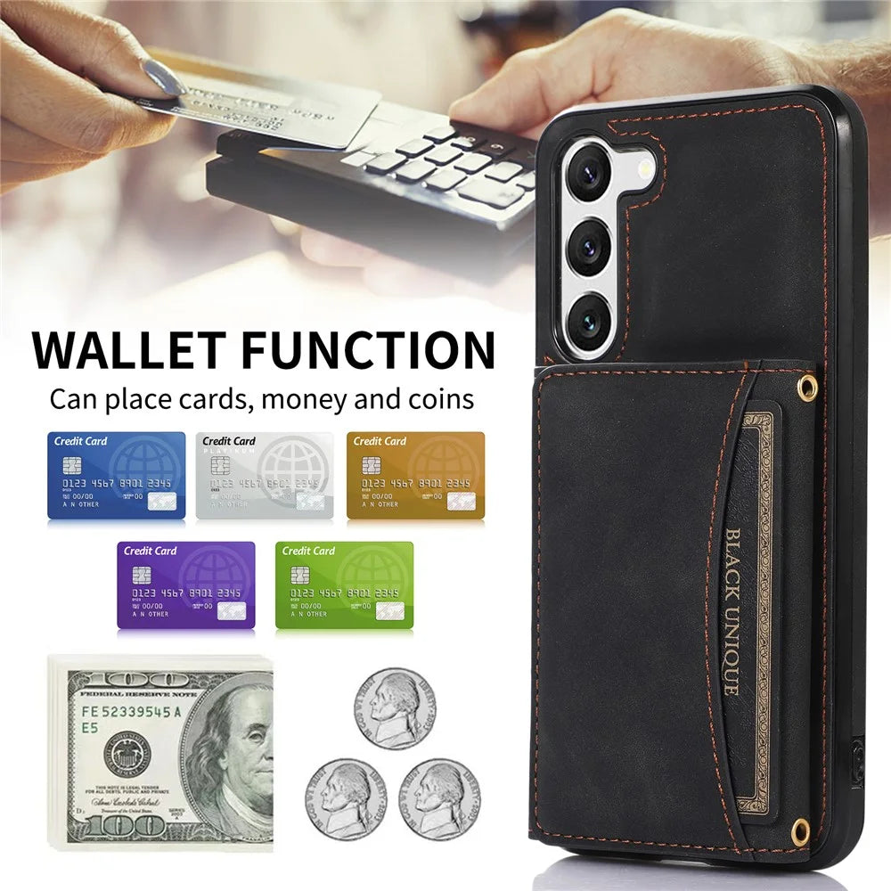 Tri-fold Wallet Leather Coated TPU Case for Samsung Galaxy S23, Kickstand Anti-scratch Protective Phone Cover - Black - 7