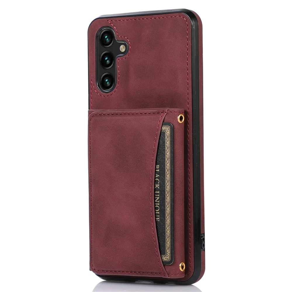 For Samsung Galaxy A13 5G Tri-fold Wallet Cell Phone Case PU Leather Coated TPU Shockproof Cover with Kickstand - Wine Red - 1