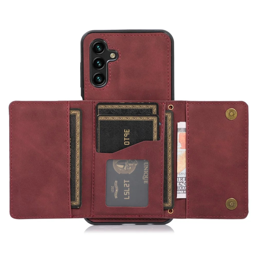 For Samsung Galaxy A13 5G Tri-fold Wallet Cell Phone Case PU Leather Coated TPU Shockproof Cover with Kickstand - Wine Red - 2
