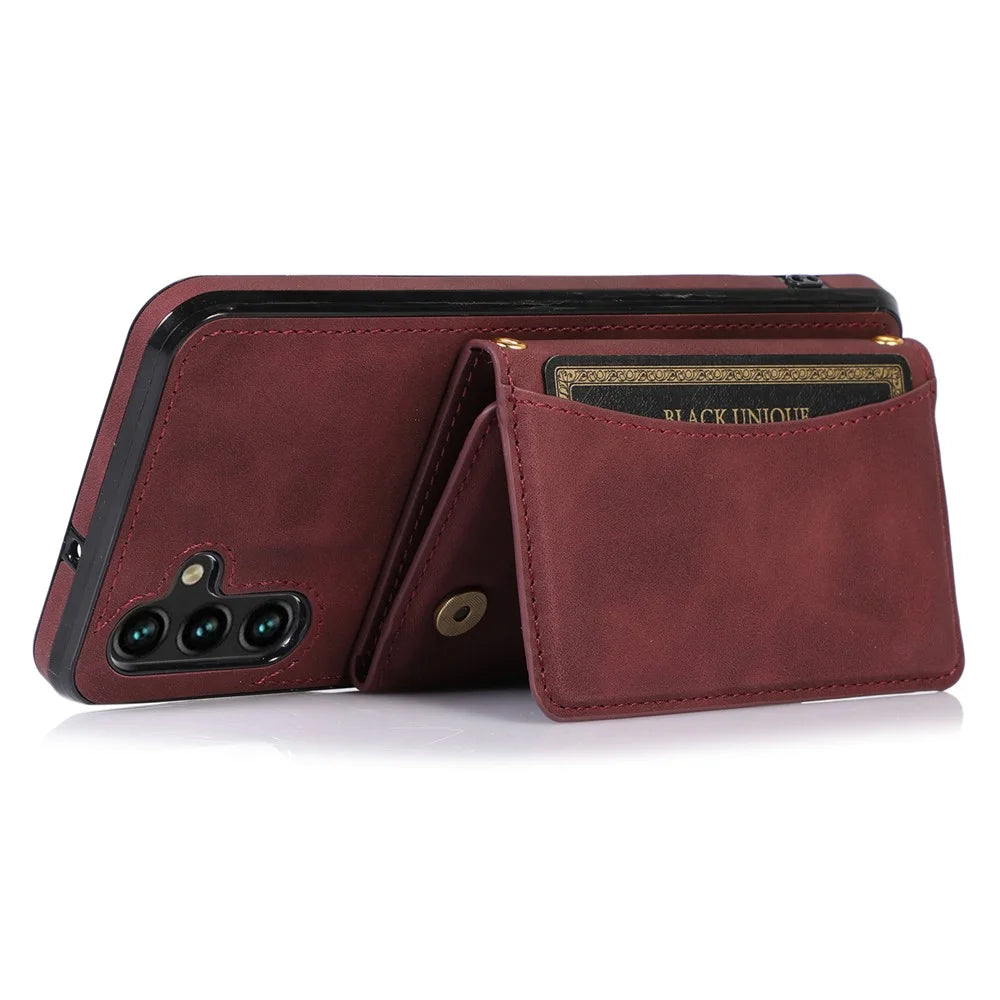 For Samsung Galaxy A13 5G Tri-fold Wallet Cell Phone Case PU Leather Coated TPU Shockproof Cover with Kickstand - Wine Red - 3