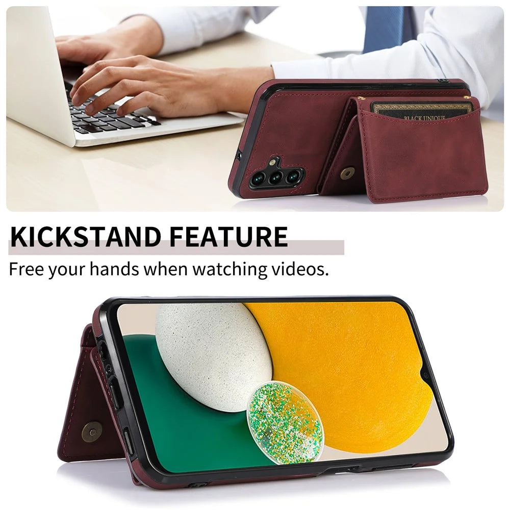 For Samsung Galaxy A13 5G Tri-fold Wallet Cell Phone Case PU Leather Coated TPU Shockproof Cover with Kickstand - Wine Red - 4