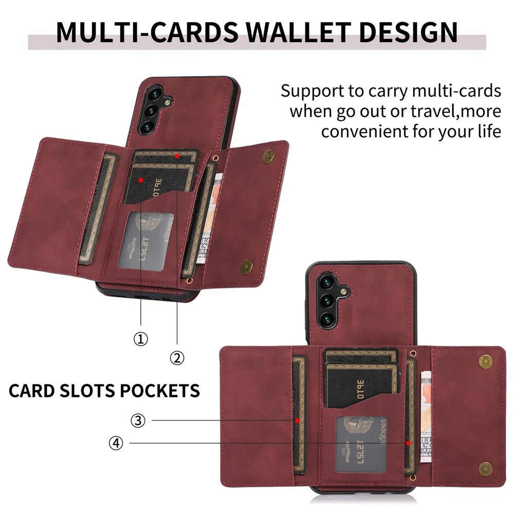 For Samsung Galaxy A13 5G Tri-fold Wallet Cell Phone Case PU Leather Coated TPU Shockproof Cover with Kickstand - Wine Red - 5