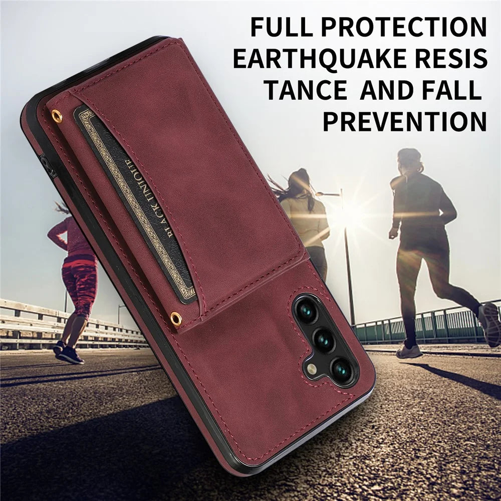 For Samsung Galaxy A13 5G Tri-fold Wallet Cell Phone Case PU Leather Coated TPU Shockproof Cover with Kickstand - Wine Red - 6