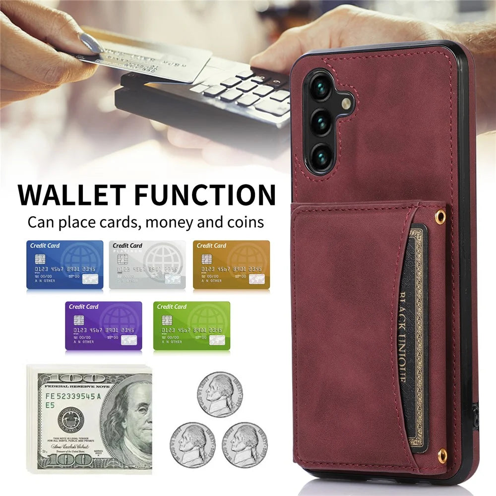 For Samsung Galaxy A13 5G Tri-fold Wallet Cell Phone Case PU Leather Coated TPU Shockproof Cover with Kickstand - Wine Red - 7