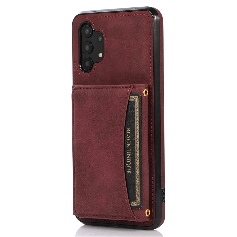 For Samsung Galaxy A32 4G (EU Version) Tri-fold Wallet PU Leather Coated TPU Case Drop-proof Kickstand Phone Cover - Wine Red - 1