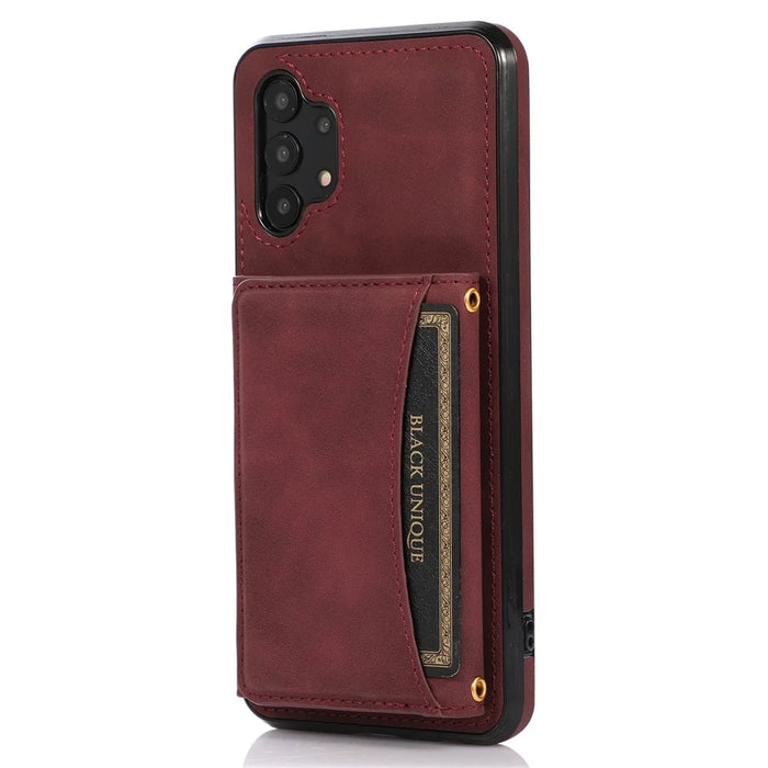 For Samsung Galaxy A32 4G (EU Version) Tri-fold Wallet PU Leather Coated TPU Case Drop-proof Kickstand Phone Cover - Wine Red - 1