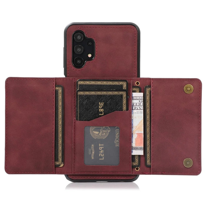 For Samsung Galaxy A32 4G (EU Version) Tri-fold Wallet PU Leather Coated TPU Case Drop-proof Kickstand Phone Cover - Wine Red - 2