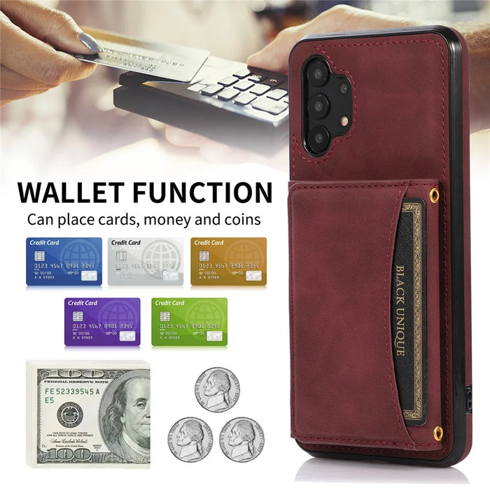 For Samsung Galaxy A32 4G (EU Version) Tri-fold Wallet PU Leather Coated TPU Case Drop-proof Kickstand Phone Cover - Wine Red - 7