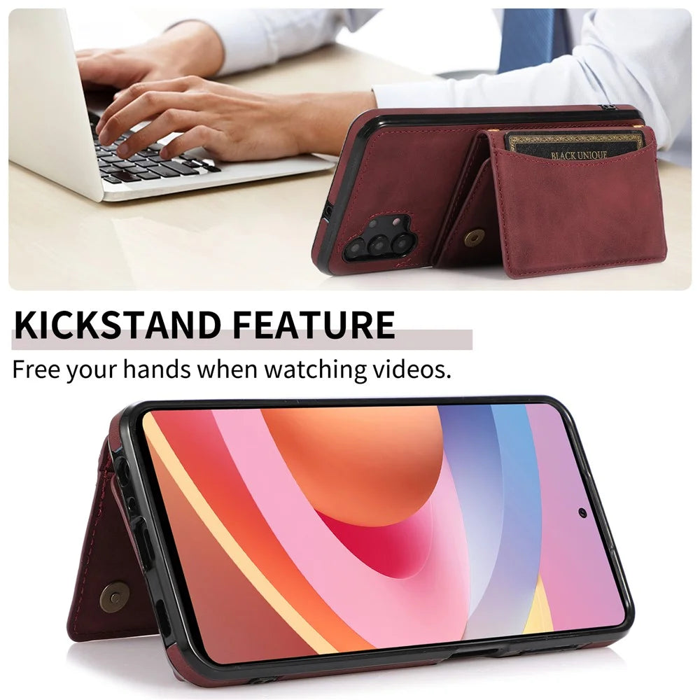 For Samsung Galaxy A32 5G / M32 5G Anti-scratch Phone Case PU Leather Coated TPU Cover with Tri-fold Wallet Kickstand - Wine Red - 4