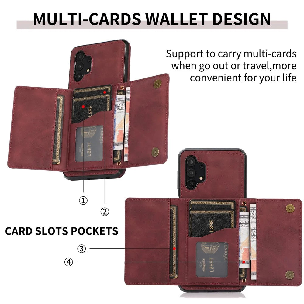 For Samsung Galaxy A32 5G / M32 5G Anti-scratch Phone Case PU Leather Coated TPU Cover with Tri-fold Wallet Kickstand - Wine Red - 5
