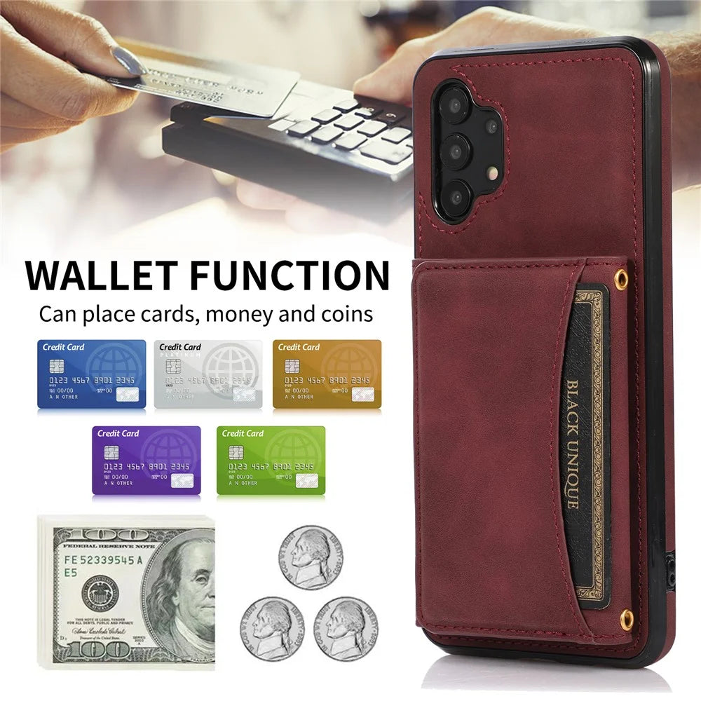 For Samsung Galaxy A32 5G / M32 5G Anti-scratch Phone Case PU Leather Coated TPU Cover with Tri-fold Wallet Kickstand - Wine Red - 7