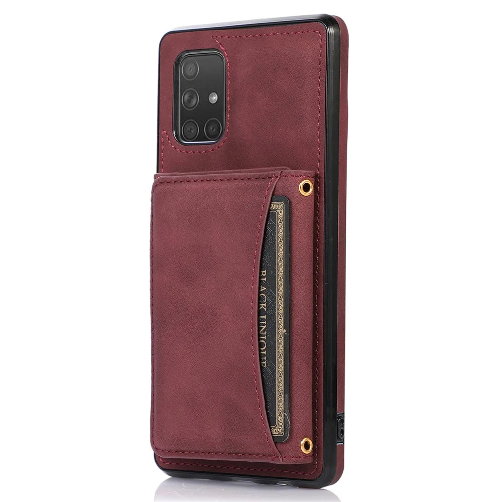 For Samsung Galaxy A51 4G SM-A515 Magnetic Button Tri-fold Wallet Phone Case Kickstand PU Leather Coated TPU Cover - Wine Red - 1