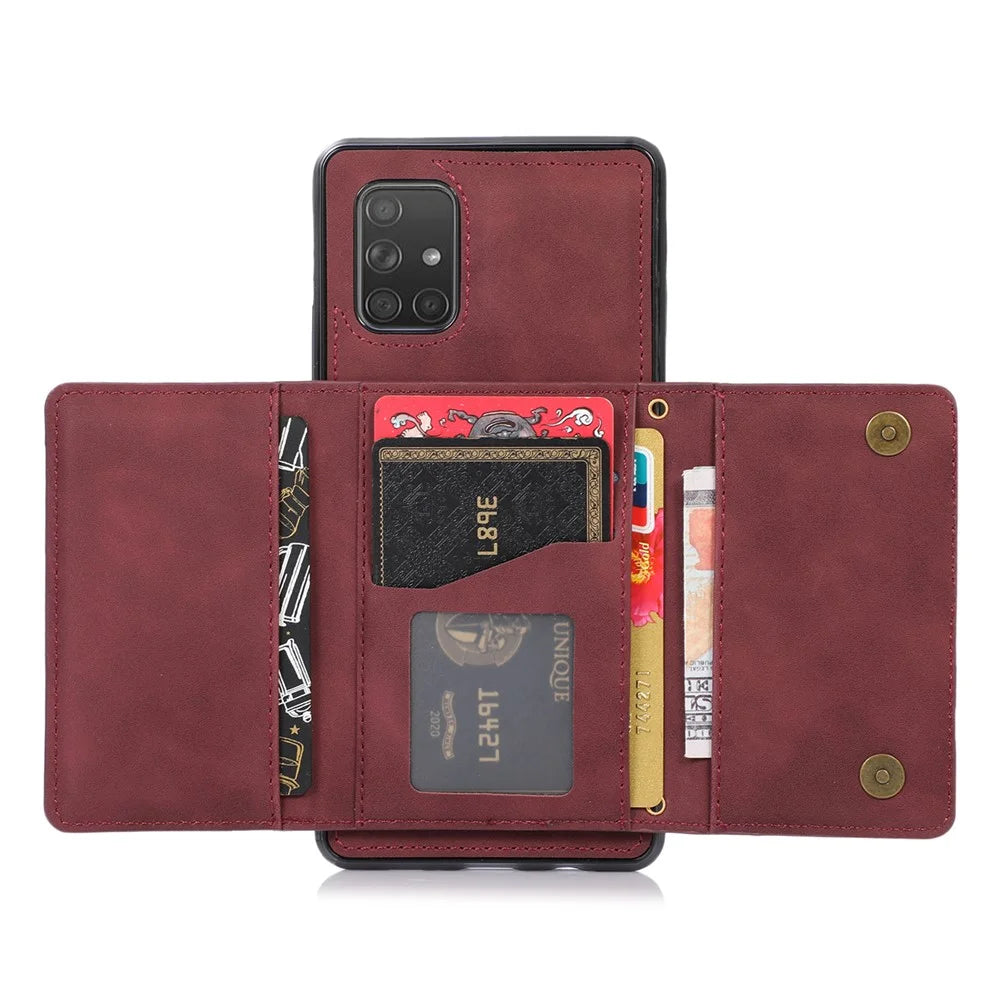 For Samsung Galaxy A51 4G SM-A515 Magnetic Button Tri-fold Wallet Phone Case Kickstand PU Leather Coated TPU Cover - Wine Red - 2