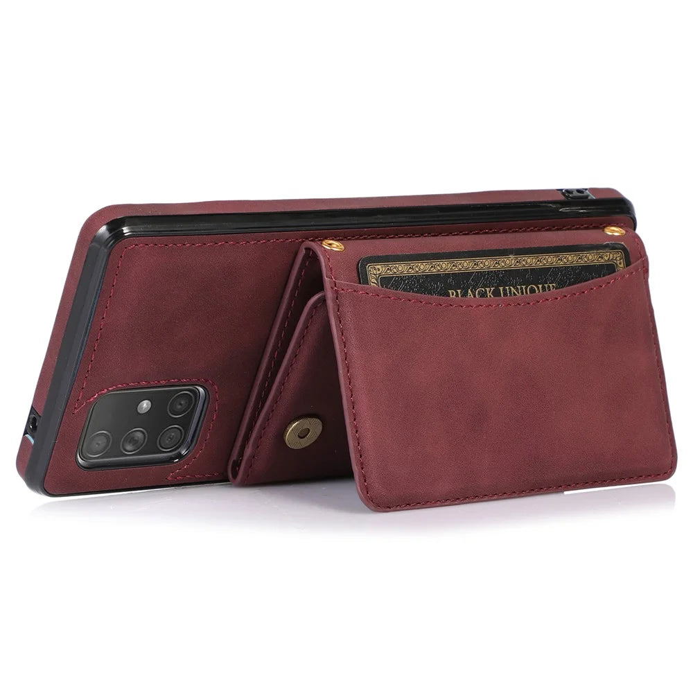 For Samsung Galaxy A51 4G SM-A515 Magnetic Button Tri-fold Wallet Phone Case Kickstand PU Leather Coated TPU Cover - Wine Red - 3