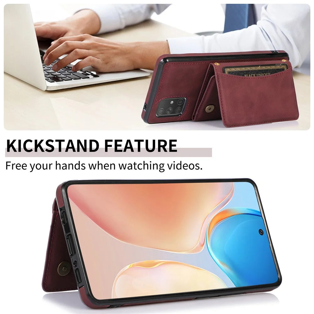 For Samsung Galaxy A51 4G SM-A515 Magnetic Button Tri-fold Wallet Phone Case Kickstand PU Leather Coated TPU Cover - Wine Red - 4