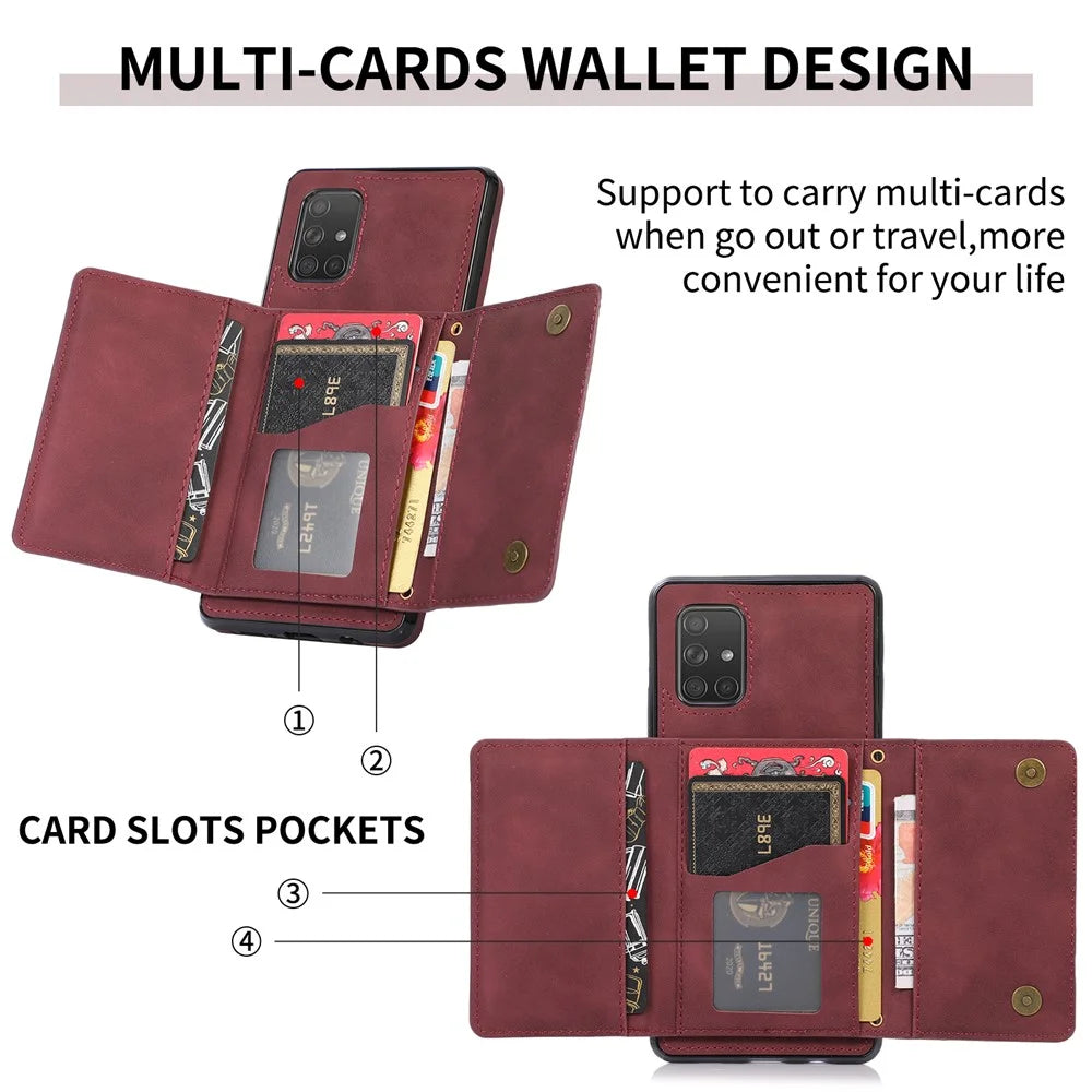 For Samsung Galaxy A51 4G SM-A515 Magnetic Button Tri-fold Wallet Phone Case Kickstand PU Leather Coated TPU Cover - Wine Red - 5