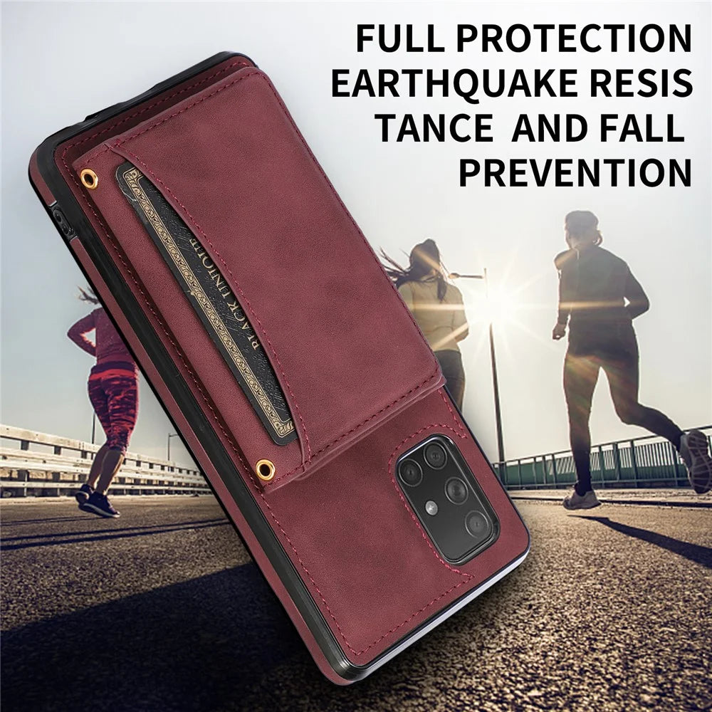 For Samsung Galaxy A51 4G SM-A515 Magnetic Button Tri-fold Wallet Phone Case Kickstand PU Leather Coated TPU Cover - Wine Red - 6