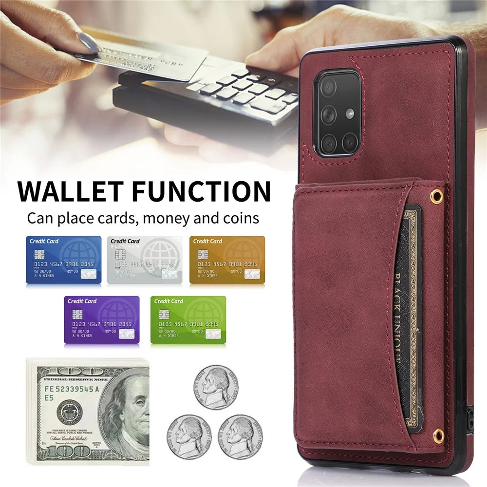 For Samsung Galaxy A51 4G SM-A515 Magnetic Button Tri-fold Wallet Phone Case Kickstand PU Leather Coated TPU Cover - Wine Red - 7