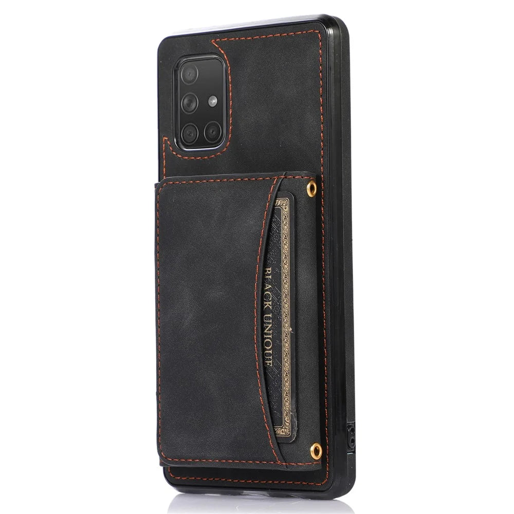 For Samsung Galaxy A51 5G SM-A516 Tri-fold Wallet Anti-scratch Phone Case PU Leather Coated TPU Kickstand Cover - Black - 1