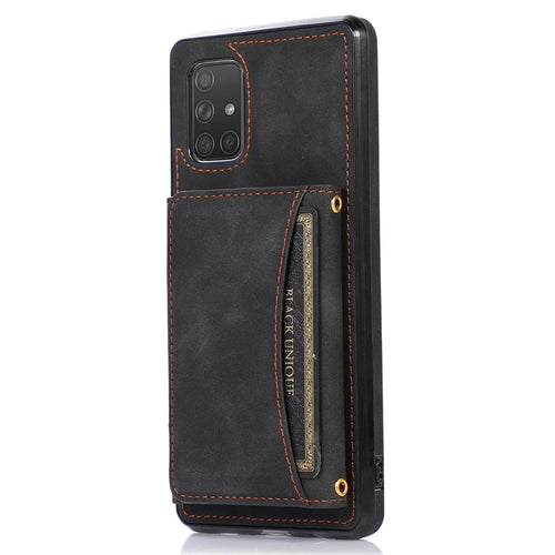 For Samsung Galaxy A51 5G SM-A516 Tri-fold Wallet Anti-scratch Phone Case PU Leather Coated TPU Kickstand Cover - Black - 1