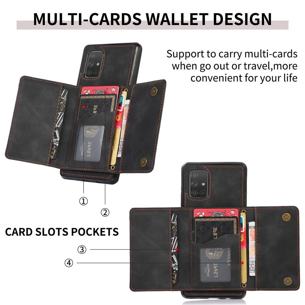 For Samsung Galaxy A51 5G SM-A516 Tri-fold Wallet Anti-scratch Phone Case PU Leather Coated TPU Kickstand Cover - Black - 5