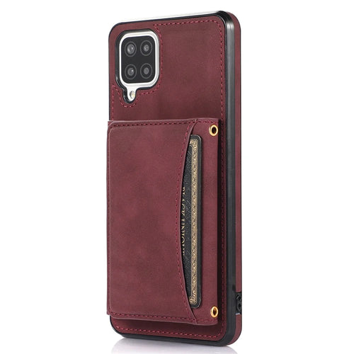For Samsung Galaxy A12 Tri-fold Wallet Kickstand Protective Phone Case PU Leather Coated TPU Back Cover - Wine Red - 1
