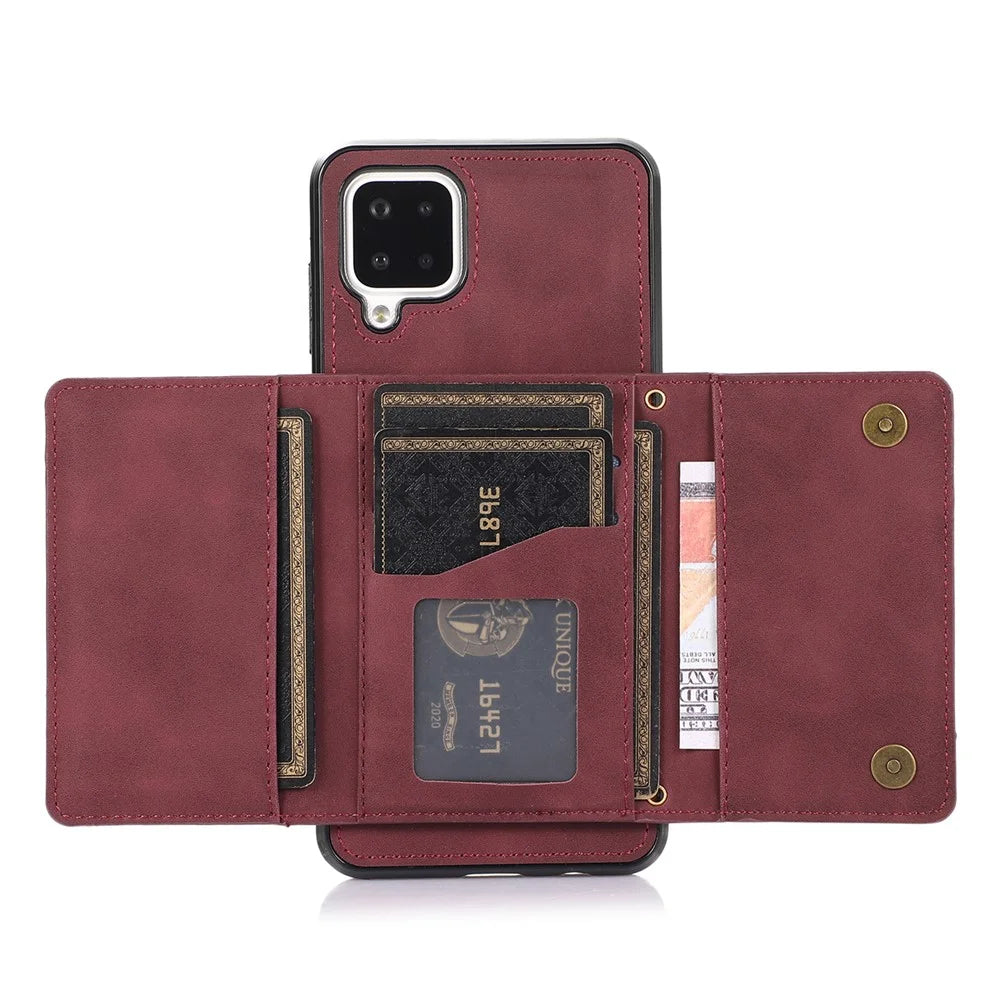 For Samsung Galaxy A12 Tri-fold Wallet Kickstand Protective Phone Case PU Leather Coated TPU Back Cover - Wine Red - 2