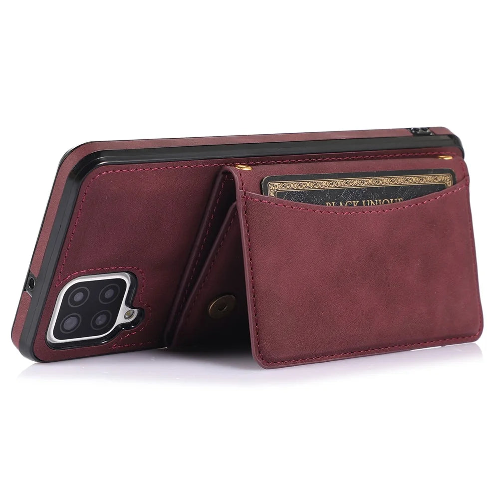 For Samsung Galaxy A12 Tri-fold Wallet Kickstand Protective Phone Case PU Leather Coated TPU Back Cover - Wine Red - 3