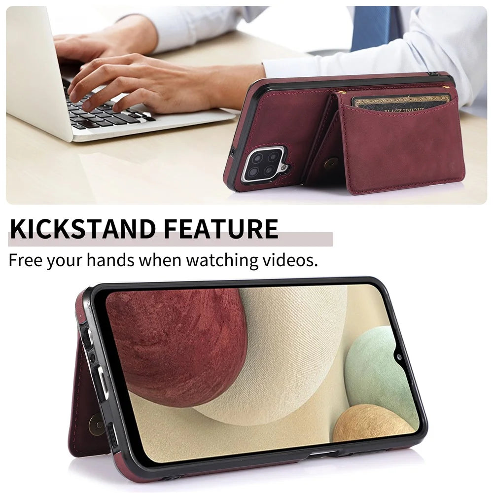 For Samsung Galaxy A12 Tri-fold Wallet Kickstand Protective Phone Case PU Leather Coated TPU Back Cover - Wine Red - 4