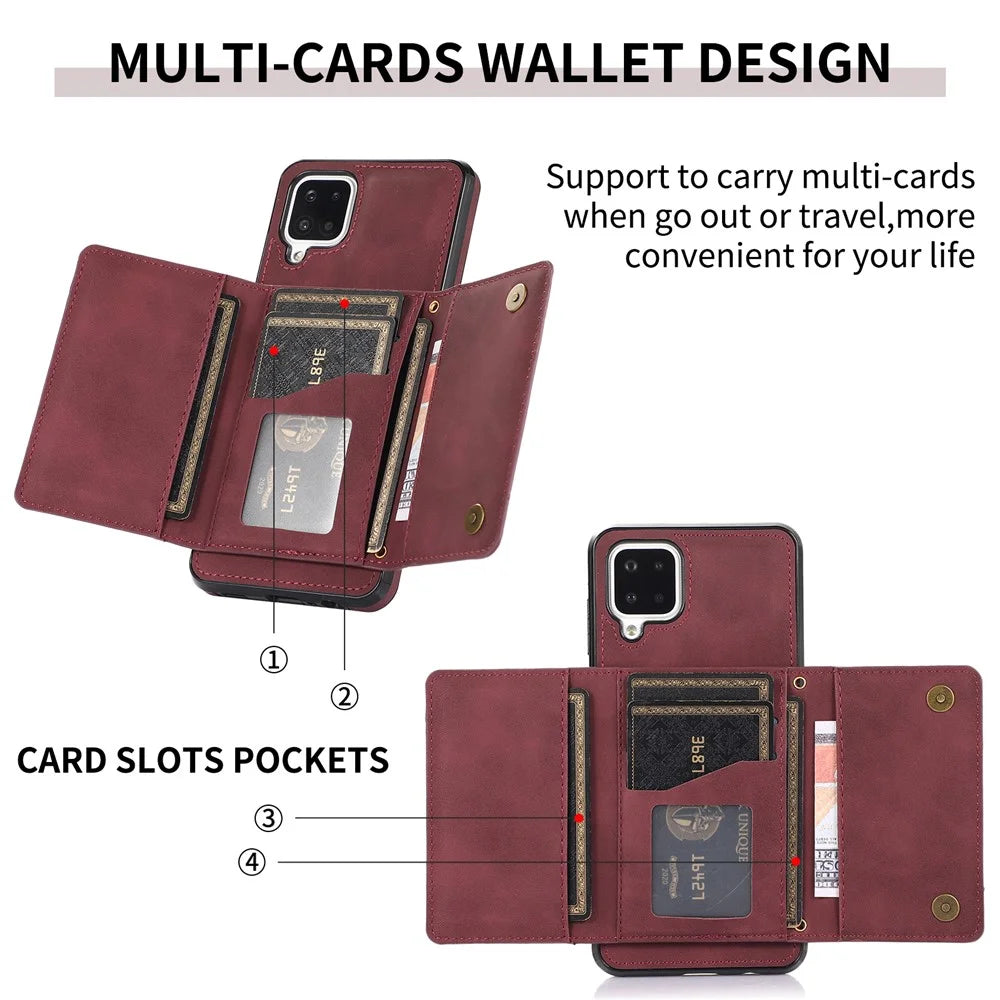 For Samsung Galaxy A12 Tri-fold Wallet Kickstand Protective Phone Case PU Leather Coated TPU Back Cover - Wine Red - 5