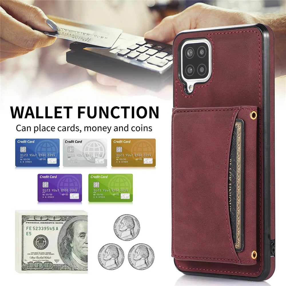 For Samsung Galaxy A12 Tri-fold Wallet Kickstand Protective Phone Case PU Leather Coated TPU Back Cover - Wine Red - 7