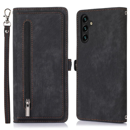 For Samsung Galaxy A14 5G / A14 4G Zipper Pocket 9 Card Slots PU Leather Case Phone Stand Wallet Cover with Wrist Strap - Black - 1