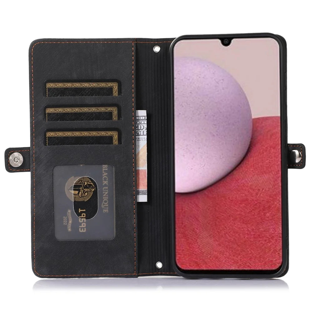 For Samsung Galaxy A14 5G / A14 4G Zipper Pocket 9 Card Slots PU Leather Case Phone Stand Wallet Cover with Wrist Strap - Black - 2