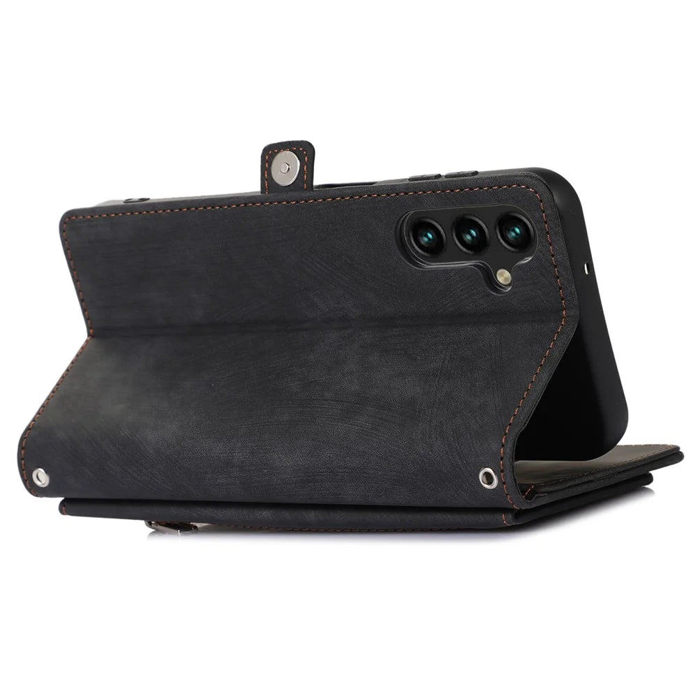 For Samsung Galaxy A14 5G / A14 4G Zipper Pocket 9 Card Slots PU Leather Case Phone Stand Wallet Cover with Wrist Strap - Black - 4