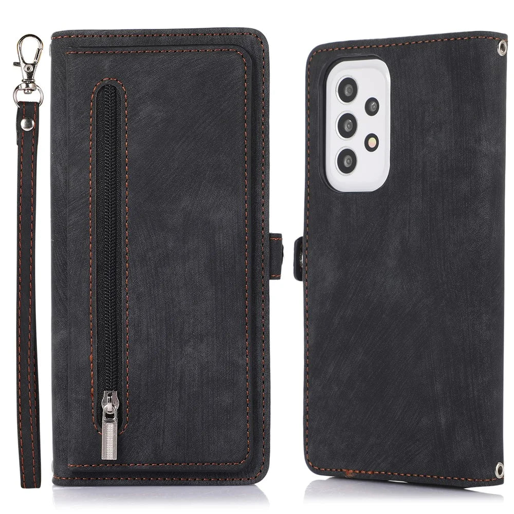 For Samsung Galaxy A23 4G / A23 5G (Global Version) Zipper Pocket Wallet Phone Cover PU Leather 9 Card Slots Stand Case with Wrist Strap - Black - 1