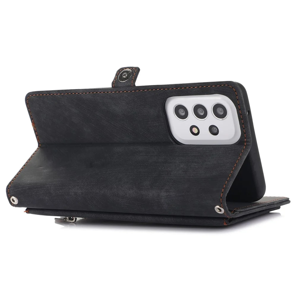 For Samsung Galaxy A23 4G / A23 5G (Global Version) Zipper Pocket Wallet Phone Cover PU Leather 9 Card Slots Stand Case with Wrist Strap - Black - 4