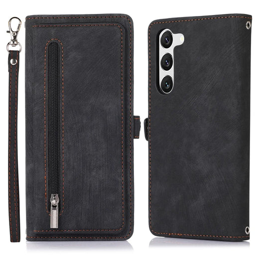 For Samsung Galaxy S23 Zipper Pocket Wallet 9 Card Slots Multifunctional Phone Case PU Leather Stand Phone Cover with Wrist Strap - Black - 1