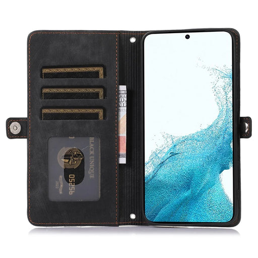 For Samsung Galaxy S23 Zipper Pocket Wallet 9 Card Slots Multifunctional Phone Case PU Leather Stand Phone Cover with Wrist Strap - Black - 2